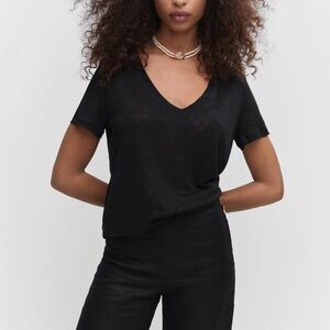 MANGO V-neck linen t-shirt, Size S, Color Black
